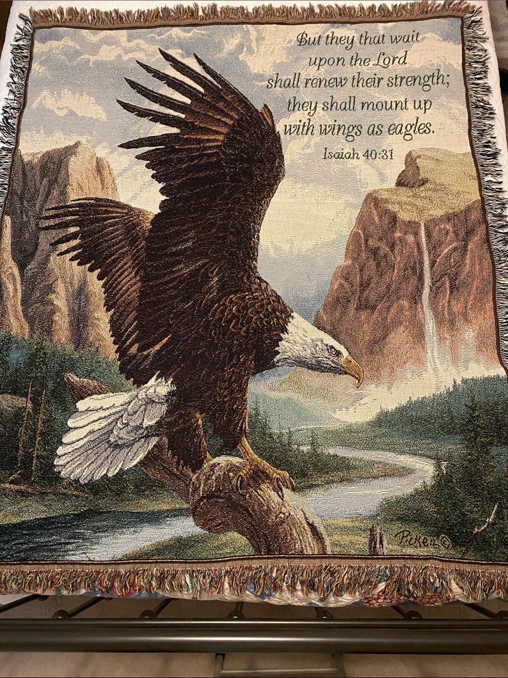 Vintage Linda Picken Tapestry Throw “Freedom” Bald Eagle & scripture quote